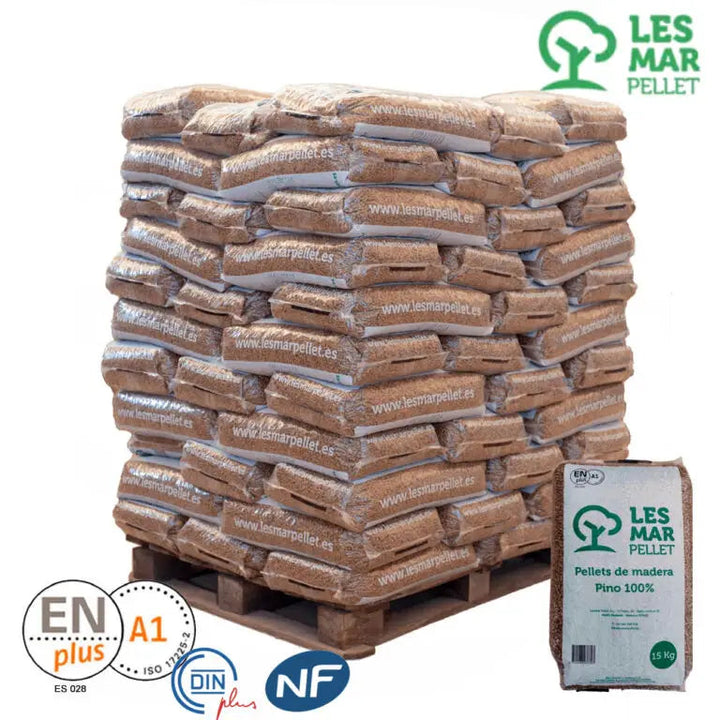 Palet de 77 Sacos de Lesmar Pellet Certificado ENPLUS Pino 100% 15Kg